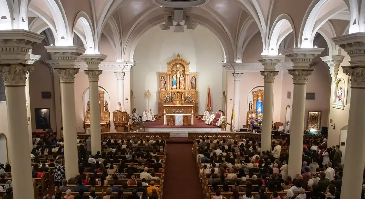 Photo of a full mass at St. Mary's Basilica