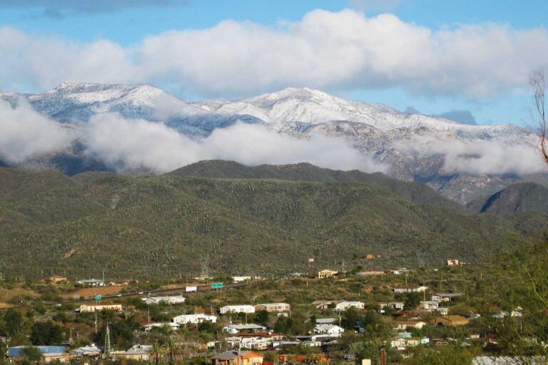 snowy mountings and desert landscape